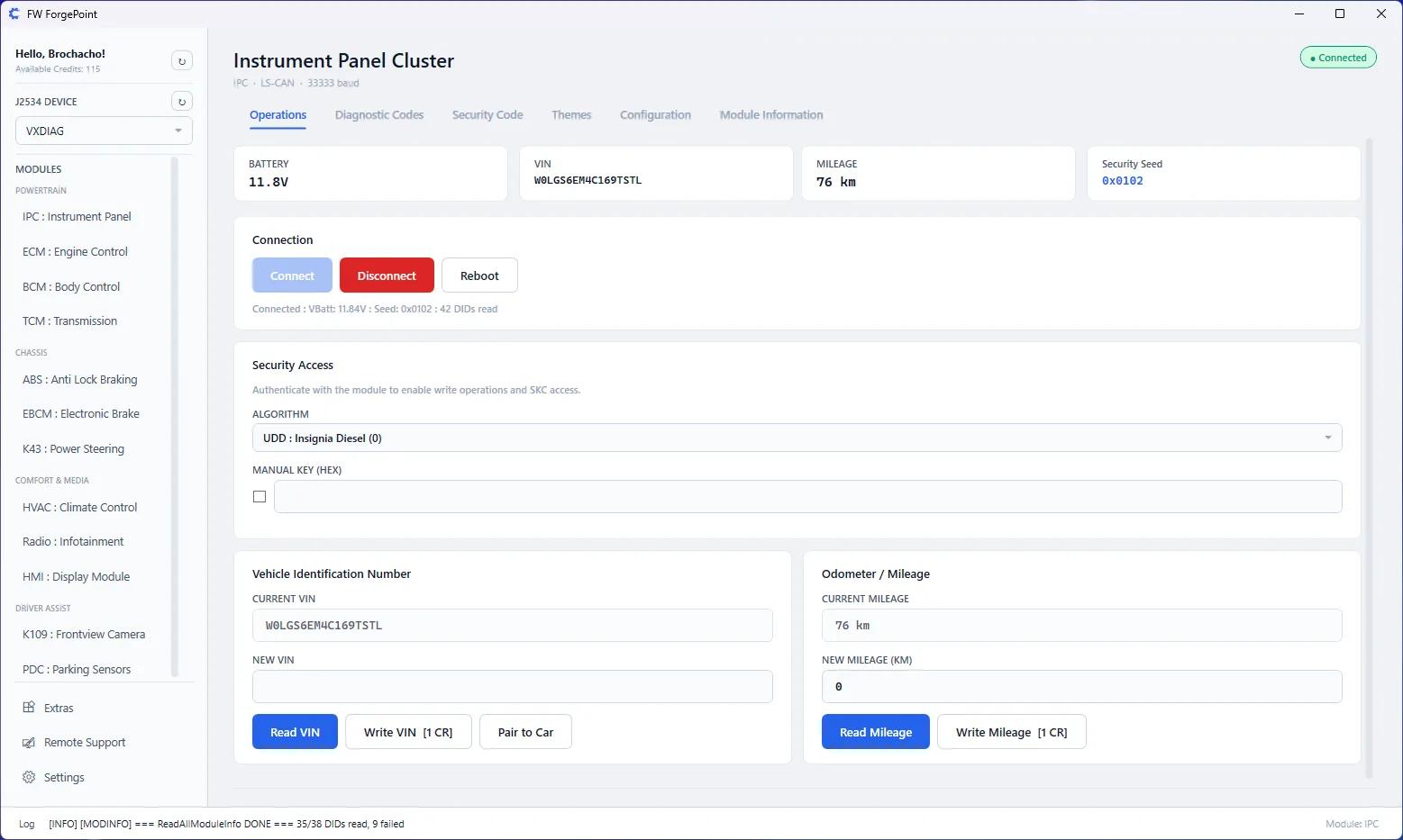 ForgePoint application showing module programming session